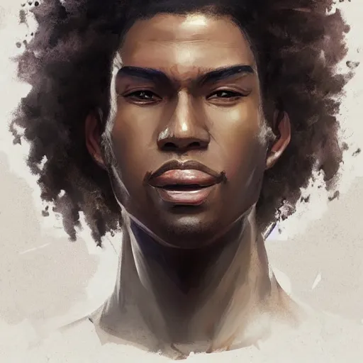 Image similar to portrait of a man by greg rutkowski, he is about 2 0 years old, mixture between afroamerican and japanese, afro hair, young, very tall and slender, he is wearing a futuristic police gear, highly detailed portrait, digital painting, artstation, concept art, smooth, sharp foccus ilustration, artstation hq