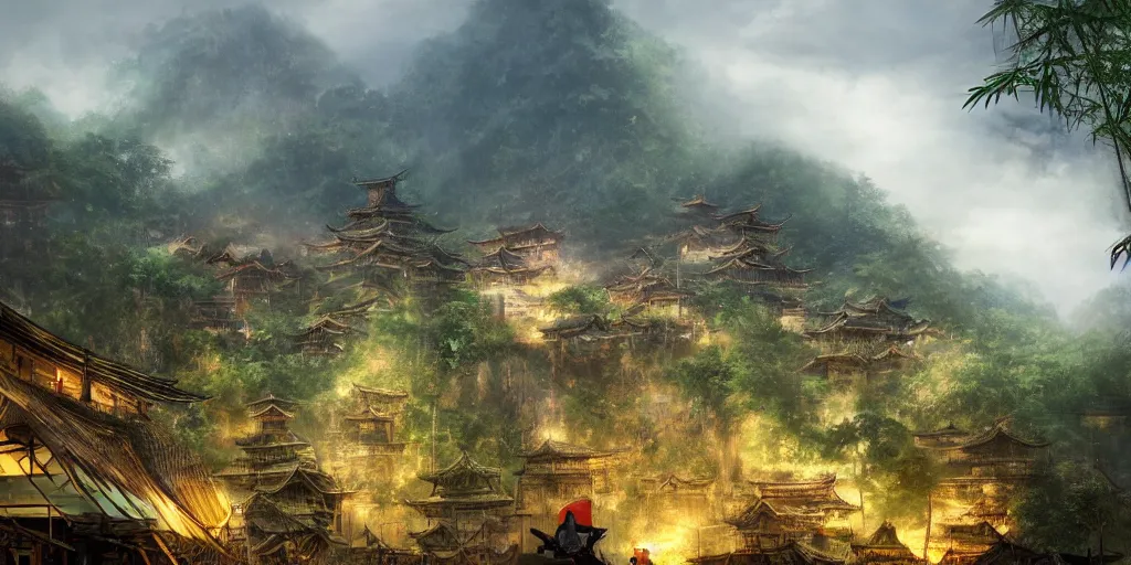 Image similar to a gigantic standing haunted samurai guardian dominates a huge hidden bamboo village in the jungle, evening, ominous sky, flags, matte painting, craig mullins