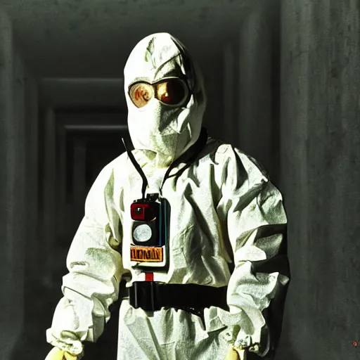 Image similar to news reporter in a hazmat suit 1 9 9 0 s news found footage of an abandoned soviet downtown with a humanoid scp hidden in background, liminal space, backrooms, scp, film grain, rundown, eerie, dark lighting, 3 5 mm, realistic, photograph, hazmat suits, foggy, silent hill style, detailed, hyperrealistic