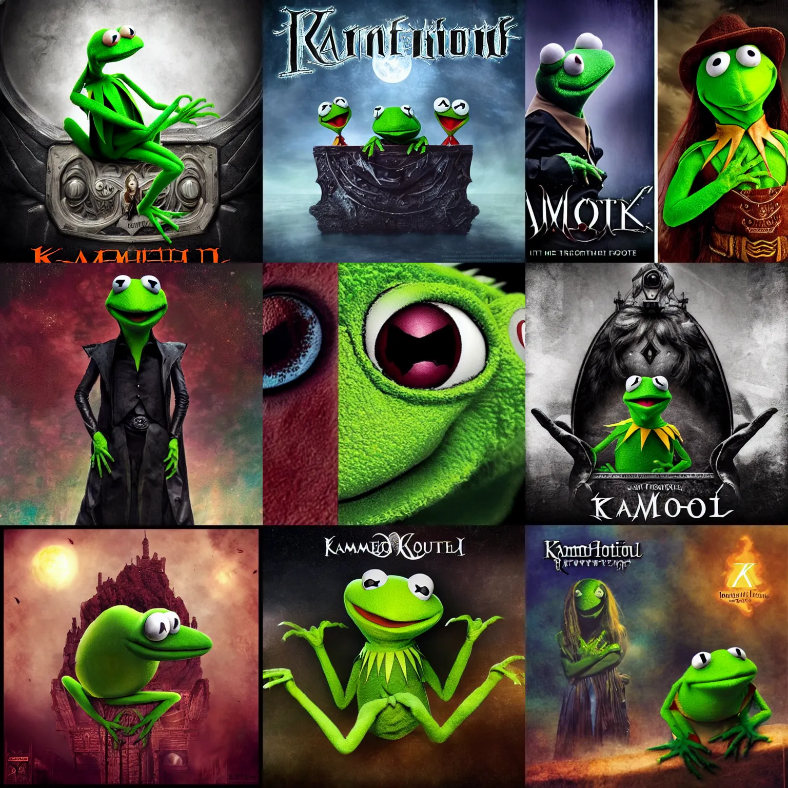 Prompt: kamelot album cover featuring kermit the frog, art by stefan heilemann, photoshop collage art, power metal album cover, fantasy, horror, gothic, trending on artstation