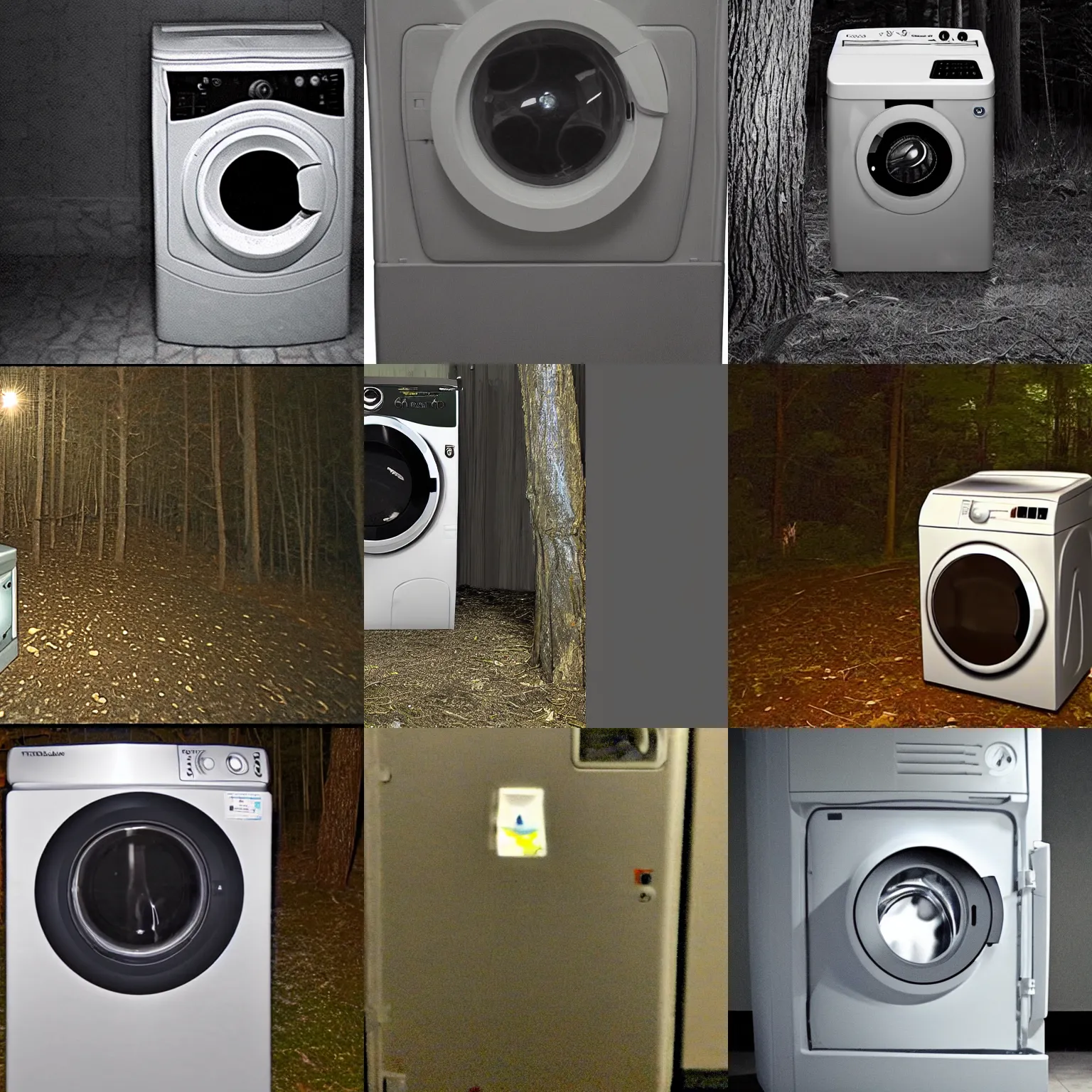 Prompt: low - quality trailcam footage of a washing machine, at night