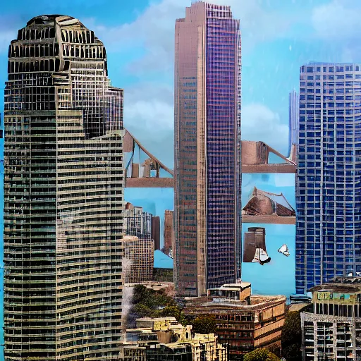 Prompt: ruination flooded San Ffrancisco in the year 3100, skyscrapers, vegetation growing back onto buildings, people sailing through between the buildings, hyper-realistic, photorealistic, 8k, F5.6, highly detailed, skycrapers, alone