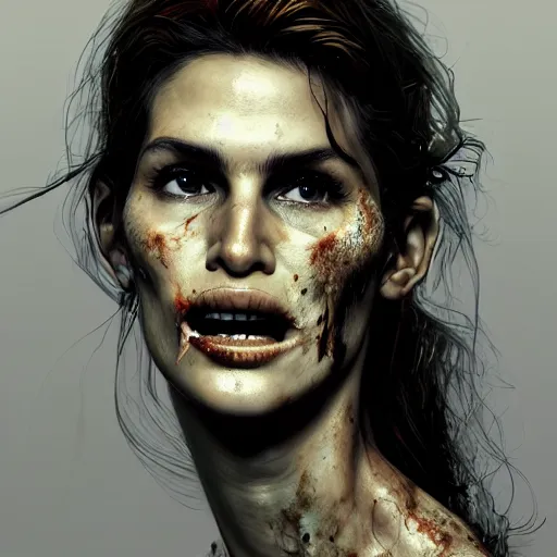 Image similar to portrait of young cindy crawford as a zombie, 7 days to die zombie, fine art, award winning, intricate, elegant, sharp focus, cinematic lighting, highly detailed, digital painting, 8 k concept art, art by guweiz and z. w. gu, masterpiece, trending on artstation, 8 k