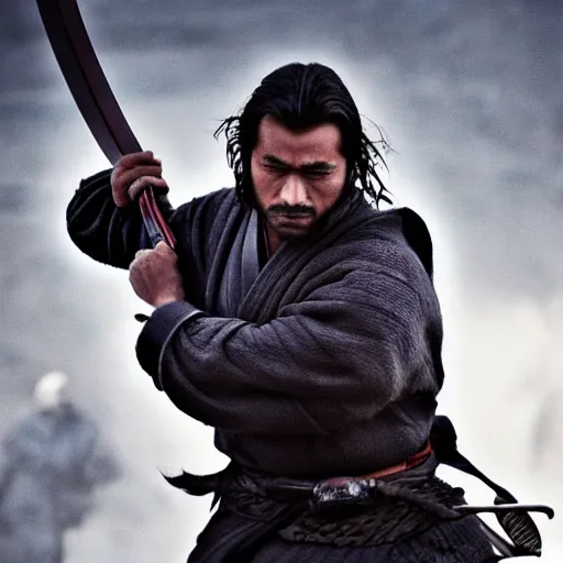 Image similar to handsome and strong kurdish samurai wielding a katana in a movie directed by christopher nolan, movie still frame, promotional image, imax 7 0 mm footage, perfect symmetrical facial features