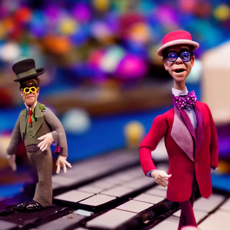 Prompt: a cinematic film still of a claymation stop motion film starring elton john, shallow depth of field, 8 0 mm, f 1. 8