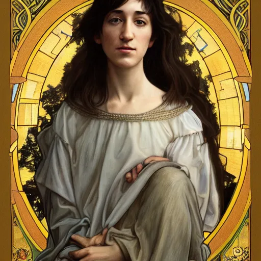Prompt: accurate portrait of! charlotte gainsbourg! as joan of arc, hyperrealistic digital painting, iconography influenced by alphonse mucha and eugene delacroix, arstation and deviantart trends, high resolution 8 k