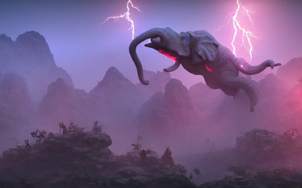 Prompt: a crowd of small blue necromancers summoning a giantic pink antropomorphic cyborg elephant lying on top of a rock, twilight lightning, montains in the background, volumetric fog, realitistic, high contrast, ultra detailed, 8 k render, cycles render engine, volumetric fog