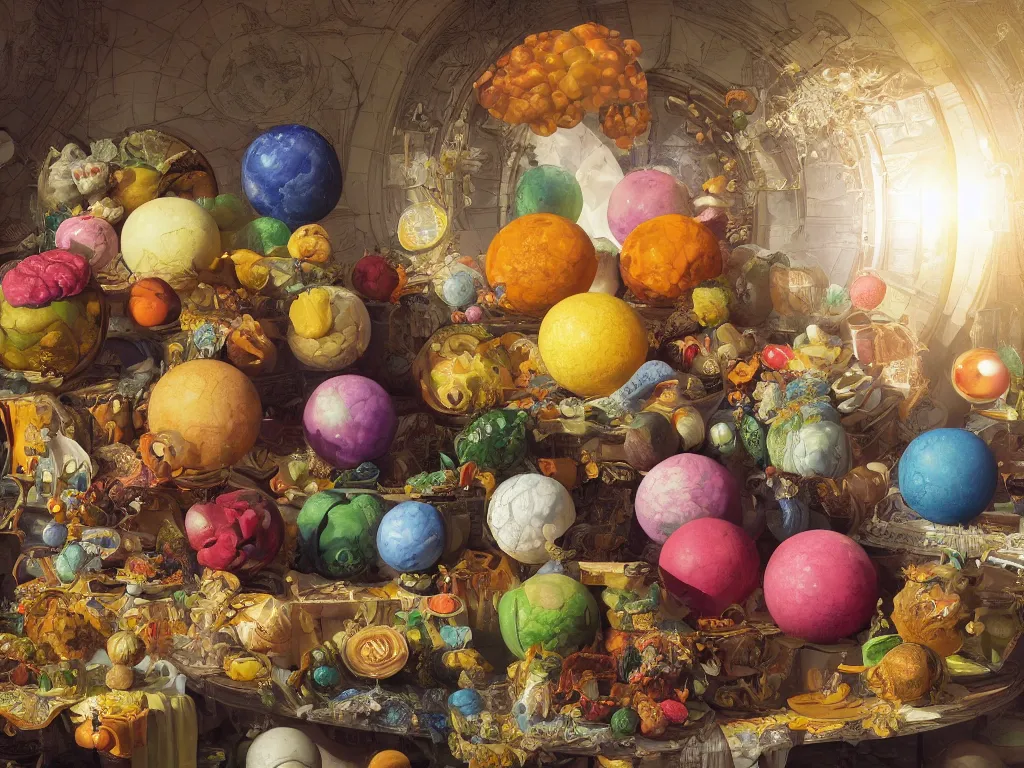 Image similar to 3 d render, sunlight study, the universe is a spheroid region 7 0 5 meters in diameter, art nouveau, by cornelis de heem and ( ( ( ( ( lisa frank ) ) ) ) ), 8 k, sharp focus, octane render