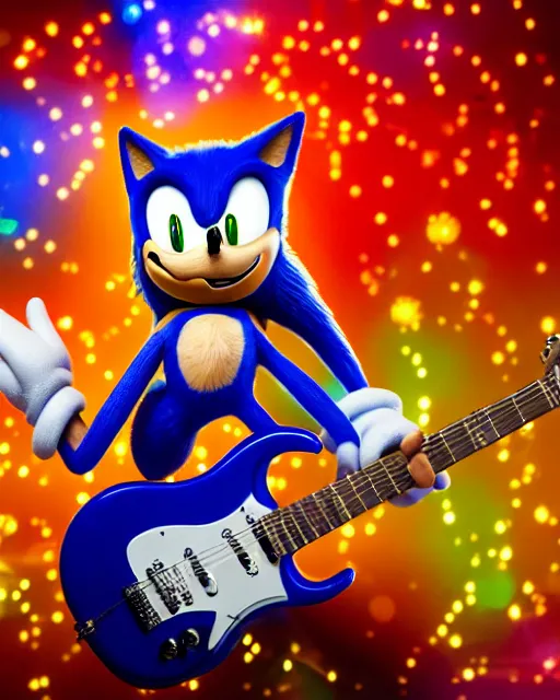 Prompt: A colorful studio portrait of Sonic the Hedgehog playing electric guitar in the style of a zany comedy movie; bokeh, 90mm, f/1.4