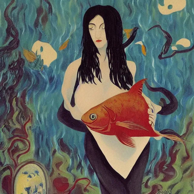 Image similar to tall emo female artist holding a large fish in her flooded kitchen, pomegranates, octopus, water gushing from ceiling, painting of flood waters inside an artist's apartment, a river flooding indoors, ikebana, zen, rapids, waterfall, black swans, canoe, berries, acrylic on canvas, surrealist, by magritte and monet