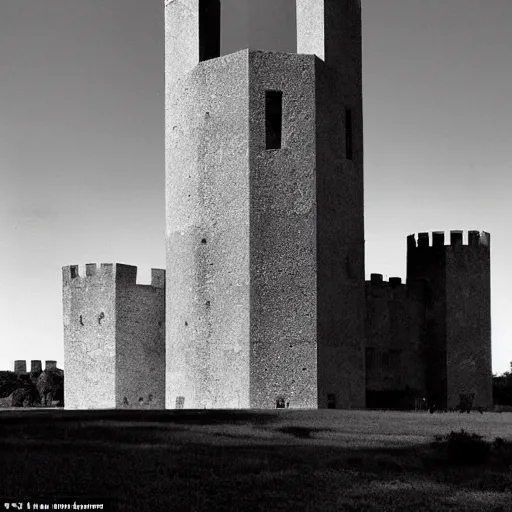 Image similar to a giant castle built in brutalist architecture, diverse unique building geometry full of shapes and corners, with a smaller base than the top of the tower, slowly growing in width as we get higher