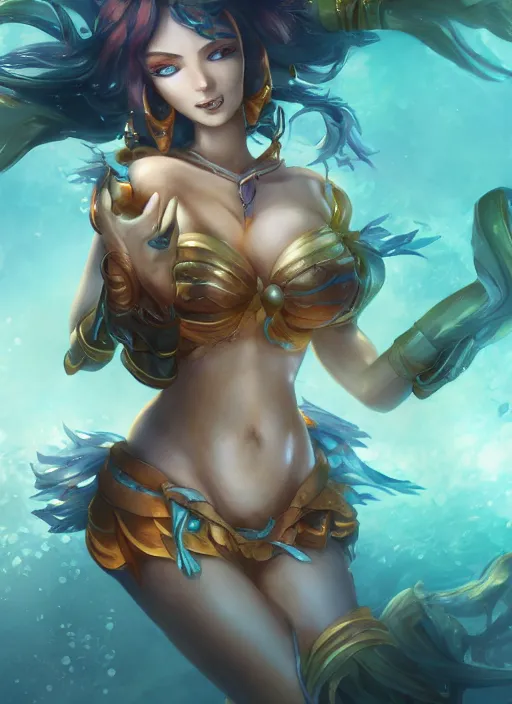 Image similar to nami, from league of legends, au naturel, underwater, fish skinned, hyper detailed, digital art, trending in artstation, cinematic lighting, studio quality, smooth render, unreal engine 5 rendered, octane rendered, art style by klimt and nixeu and ian sprigger and wlop and krenz cushart