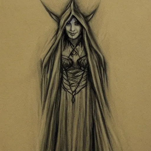 Image similar to charcoal drawing of a elvish priestess