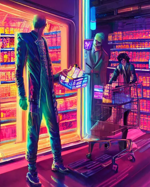 Prompt: cyberpunk man shopping at a neon soaked grocery store, science fiction painting, elegant intricate digital painting artstation, art by salvador dali, detailed