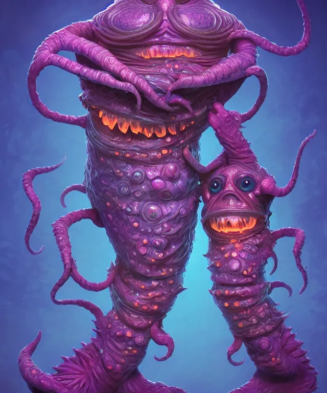 Prompt: a two headed xanathar made of bioluminescence in the art style of monsters inc, crisp 8 k line art, digital painting, artstation, unreal engine, octane render, emissive lighting, concept art, matte, sharp focus, hyper realistic lighting, illustration, deep royal blue and pink color scheme, art by alex grey