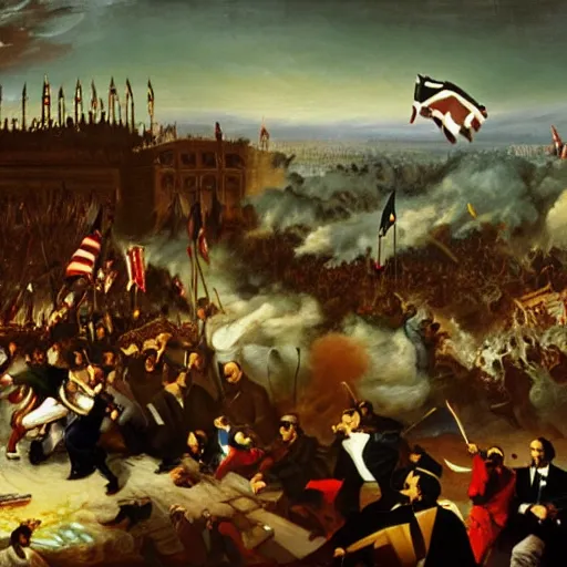 Image similar to George H.W. Bush destroys Iraq, oil on canvas, 1843