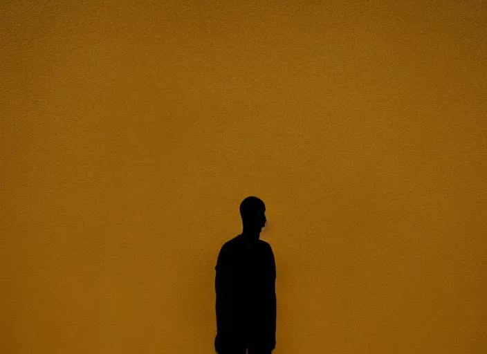 Prompt: silhouette of a man on sepia yellow wall background,