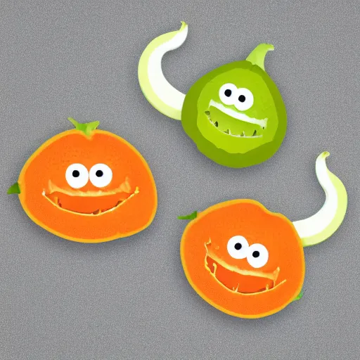 Image similar to a logo picturing three little cantaloupes, with differing emotions, with devil tails and horns, in flat design, on a white background,