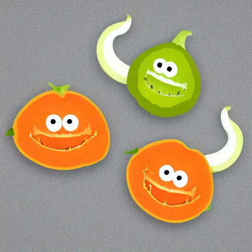 Prompt: a logo picturing three little cantaloupes, with differing emotions, with devil tails and horns, in flat design, on a white background,