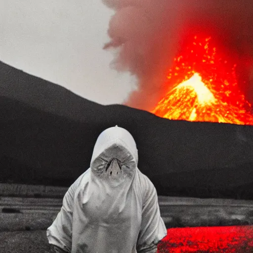 Prompt: A high armored white woman with a one red light eye gasmask standing in front of an erupting volcano, professional photography, black and white, cinematic, eerie