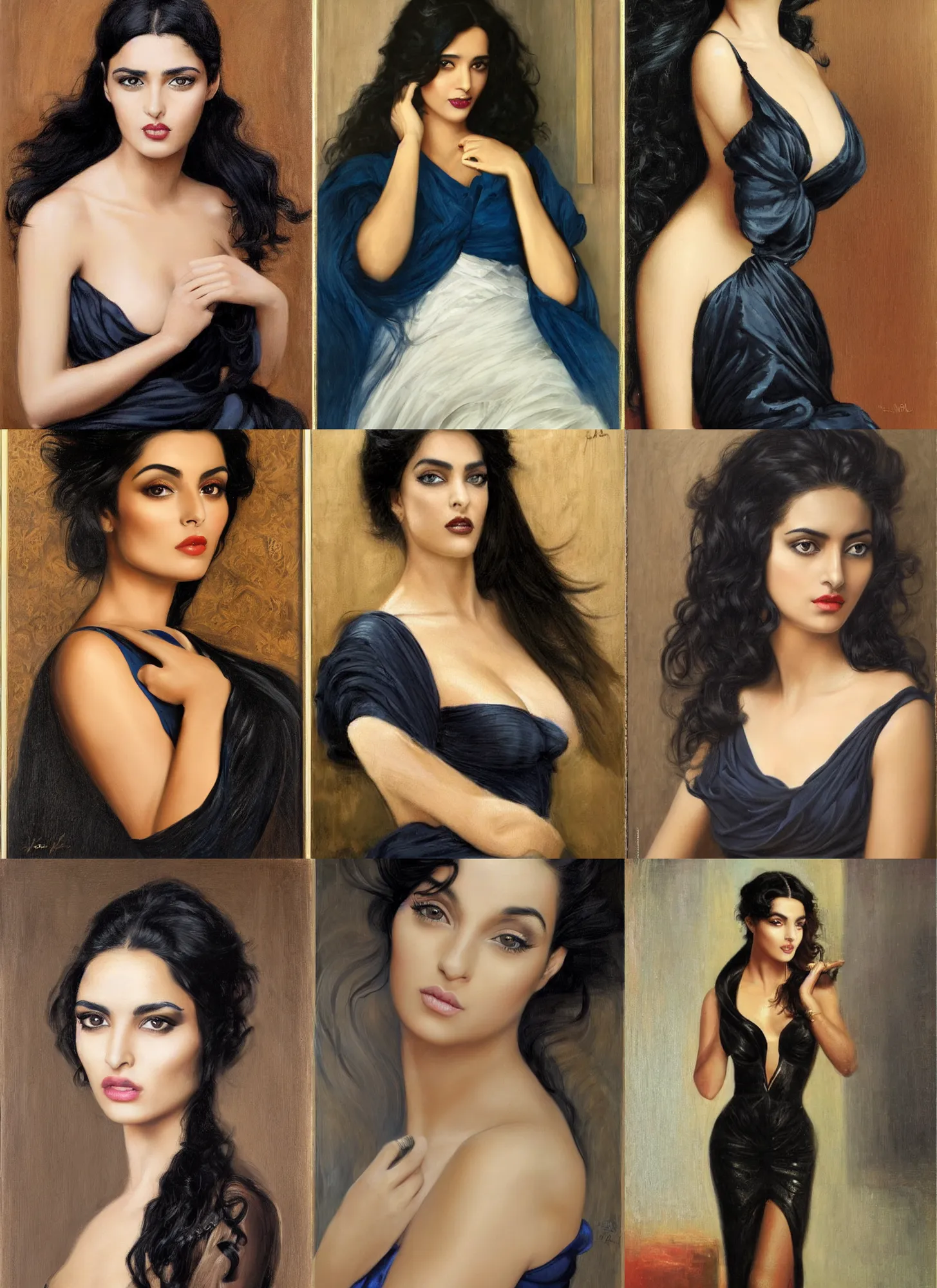 Prompt: tanned ameera al taweel, blue eyes, wavy black hair, seductive, beautiful by john maler collier