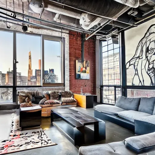 Image similar to trendy downtown loft with modern murals on the wall, modern art and patterns, interior design, beautiful architecture