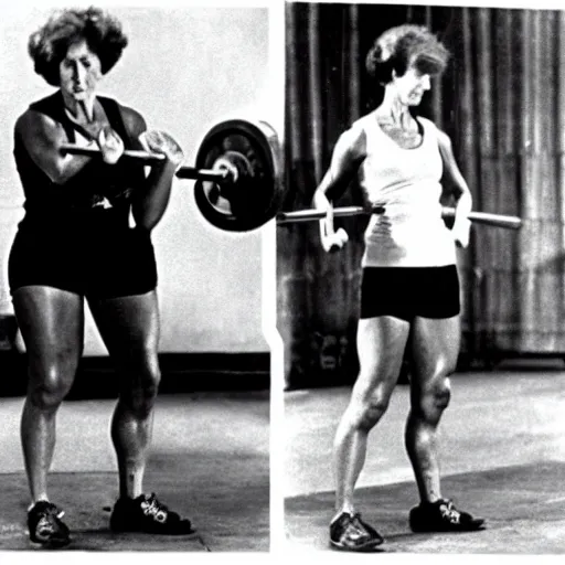 Prompt: Virginia Woolf deadlifting a heavy barbell