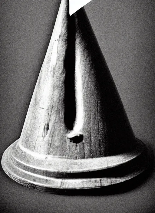 Image similar to realistic photo of a a scientist medieval wooden cone hat, covered in tesla electricity aura, greyscale 1 9 9 0, life magazine photo, natural colors,