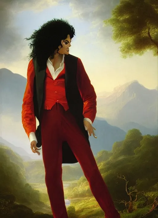 Image similar to individual portrait of michael jackson standing against a thomas cole naturalist style backdrop of mount olympus, michael jackson