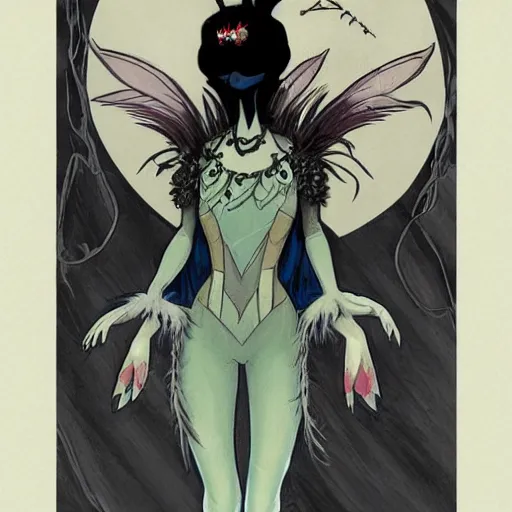Image similar to Anna Pavlova as dark fae gothic atompunk evil Disney villain queen with black feather hair, feathers growing out of skin, in front of space station window, Mike mignola, trending on artstation, comic book cover, illustration