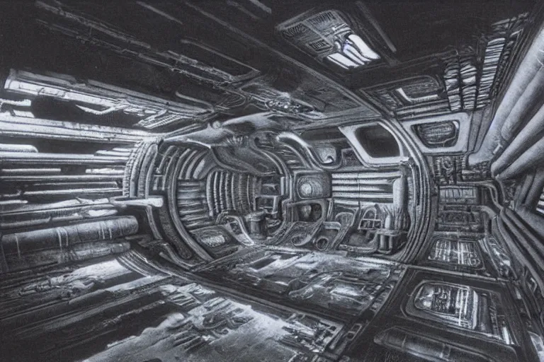 Prompt: interior of a space ship by giger with cryogenic pods, volumetric lighting, atmospheric
