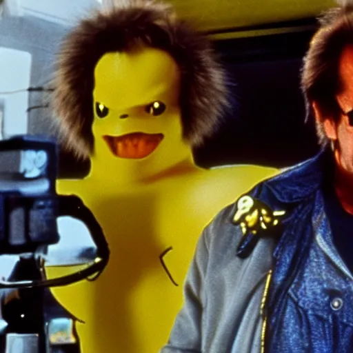 Image similar to Jack Nicholson plays Terminator, scene where he shoots Pikachu, yellow fur explodes