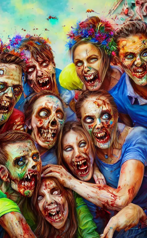 Prompt: beautiful detailed photorealistic painting of a group of friends smiling and having fun, dressed as zombies on holiday. the friends are happy and having fun. vibrant, high quality, vibrant colors, very funny, beautiful, hq. hd. 4 k. award winning. trending on artstation