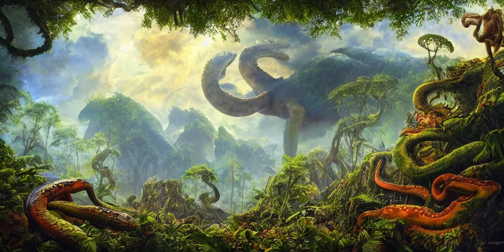 Image similar to fantasy oil painting, great leviathan, turtle cephalopod terrapin reptilian pachyderm amphibian hybrid, rainforest mountains, lush plants flowers, epic natural light, bright clouds, luminous sky, outer worlds, cinematic lighting, michael cheval, michael whelan, vray, 8 k hd