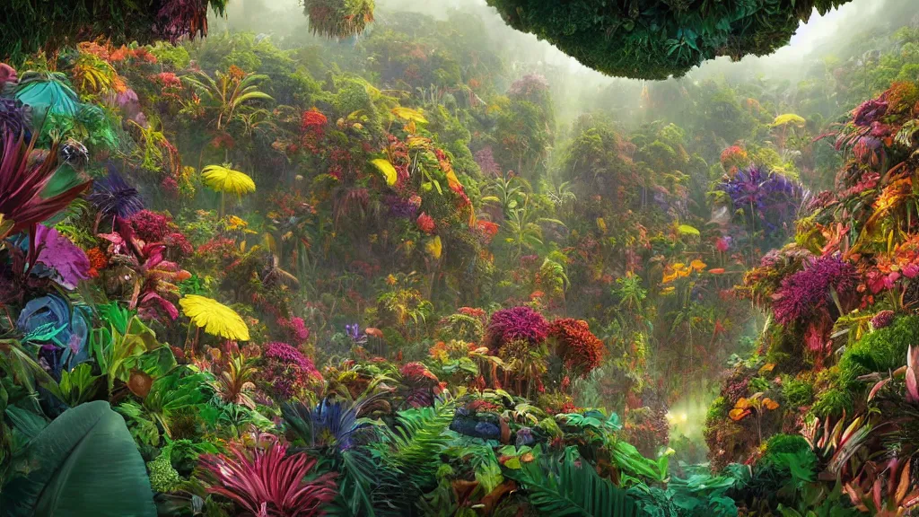Prompt: first person perspective digital illustration of a vibrant fantasy jungle with vibrant flowers and plants by industrial light and magic:1|wide angle panoramic by beeple and Roger Dean, viewed from eye level:0.9|fantasy, cinematic:0.9|Unreal Engine, Octane, finalRender, devfiantArt, artstation, artstation HQ, behance, HD, 16k resolution:0.8
