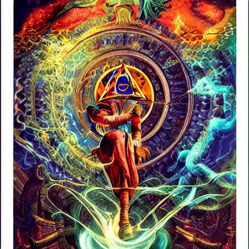 Image similar to crazy hermetic magician working with elementals, picture full of symbolism, tarotlike, dynamic colours, hyper detailed, hyper realistic