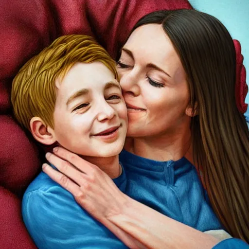 Image similar to illustration beautiful cinematic hyperrealism style where a mother appears with her happy son