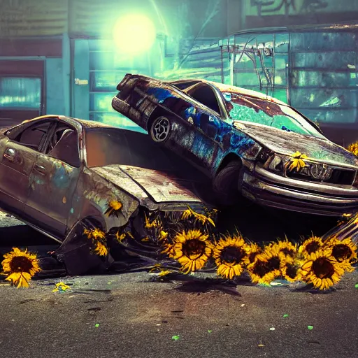 Image similar to two car wrecks on top of eachother, rusty, with graffiti of sun flowers on them, torn, war, realistic photo, octane render, cinematic lightning, 8 k, volumetric illumination