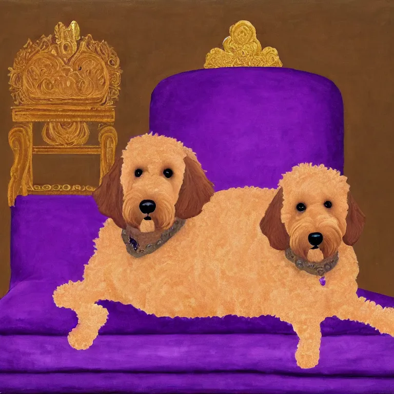 Image similar to a portrait of an empty royal throne, flanked by an orange tabby sitting on a floating purple pillow to the left of the throne, flanked by a brown goldendoodle sitting on a floating purple pillow to the right of the throne, oil on canvas, soft lighting, 8 k