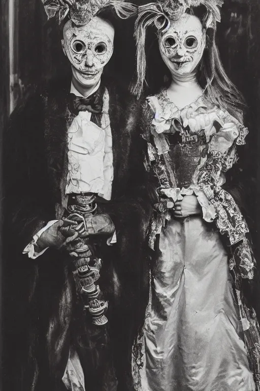 Prompt: a portrait photo of two persons dressed for the carnival of Venice, creepy, edvard munch, wide angle, contemporary and recent