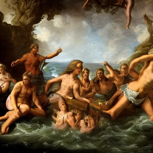 Image similar to seven trials of the prehistoric aquatic cult, in the style of David Geddes, Élisabeth Vigée Le Brun, dramatic lighting, establishing shot, detailed and clear beautiful realistic faces, 8k resolution – W 1024
