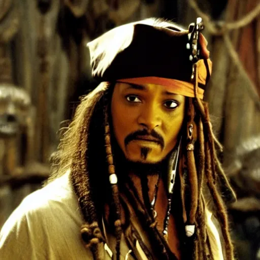 Image similar to Will Smith as captain jack sparrow, movie still from pirates of the carribean
