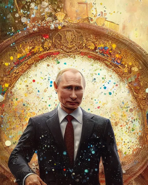 Image similar to a highly detailed portrait of Vladimir Putin holding gay pride flag, intricate, digital painting, old english, raining, sepia, particles floating, whimsical background by marc simonetti, art by artgerm and greg rutkowski and alphonse mucha