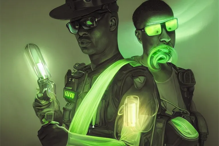 Image similar to Extremely funny portrait of a glowing translucent body glowing male police officer wearing cool shades. Green fluorescent aura around the officer, wide angle, magic, green fire, darkness, dramatic lighting, Africa, intricate, wild, highly detailed, digital painting, artstation, concept art, smooth, sharp focus, illustration, art by artgerm and greg rutkowski and alphonse mucha, footage from space camera