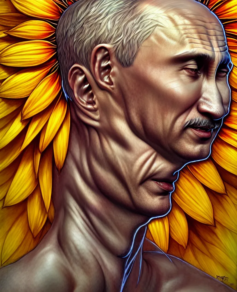 Image similar to digital art, centered full body of Putin smiling king, Sunflower crown, ,intricate, veins, by James Jean and by artgerm , by ross tran ultradetailed, charachter design, concept art, trending on artstation,