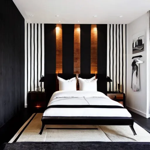 Image similar to bedroom, interior design, stylish luxury hotel bedroom design, black vertical slatted timber, !stone, textures, feminine, black walls, art, vase with flowers, Japanese and Scandinavian influences