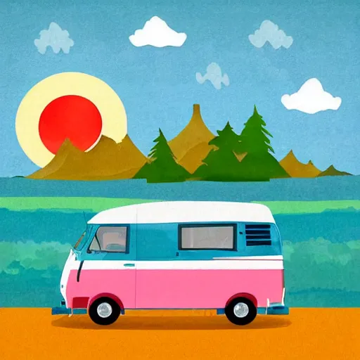 Prompt: beautiful cute cozy very little camper van by the water, sunset, puffy cute clouds, cute simple cartoon, vector, white background, watercolor, 4 colors!!!