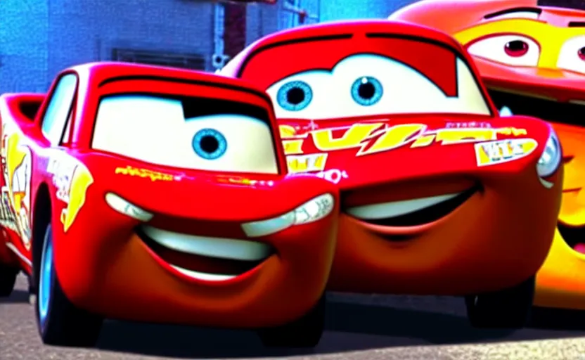 Prompt: vin diesel hugging lightning mcqueen from cars the movie,