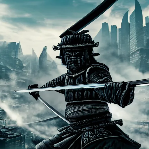 Prompt: wide angle photo of a samurai with a katana ready to fight a giant dragon in the middle of futuristic city, sharp focus, detailed, realistic, 8 k n - 4