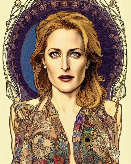 Image similar to Gillian Anderson, by Mucha, intricate, 8k,